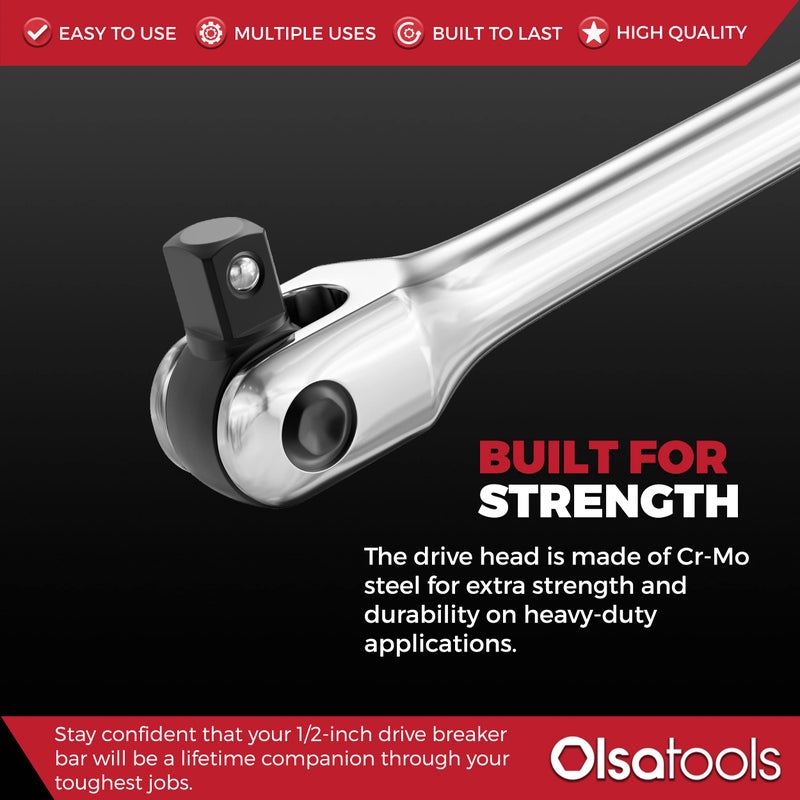 Olsa Tools Breaker Bar - 1/2-Inch Drive - 25" Length with 180Â° Flex Head - Spring-Loaded Ball - Heavy-Duty Cr-V Steel - Ideal for Automotive, Nuts, and Bolts - Part: 1276 - Image 2